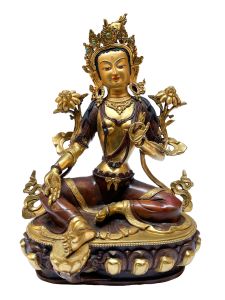 Nepali Statue Of Green Tara, Partly Gold Plated 