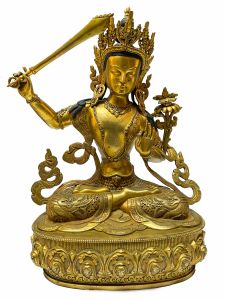 Nepali Statue Of Manjushree, Copper Gold Plated 