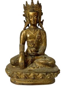 Nepali Statue Of Shakyamuni Buddha with crown , Copper Gold Plated , Antique Finishing 