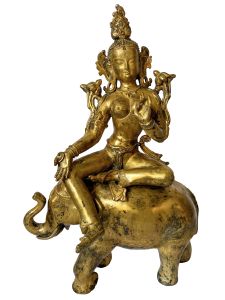 Nepali Statue Of Green Tara On Elephant, Copper Gold Plated , Antique Finishing 
