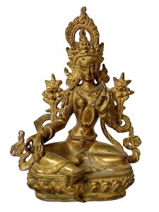 Nepali Statue Of Green Tara, Copper Gold Plated , Antique Finishing 