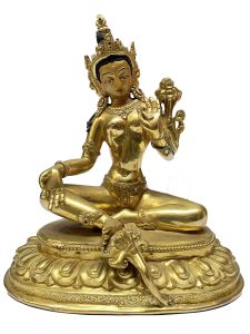  Old Stock , Nepali Statue Of Arya Green Tara, Full Gold Plated , Newari Style 