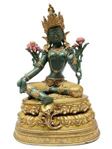 Nepali Statue Of Green Tara, Partly Gold Plated , Thangka color Finishing 