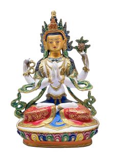 Nepali Statue Of Chenrezig, Partly Gold Plated, Painted Face , with Thangka color finishing