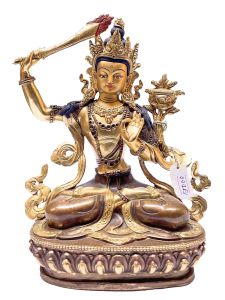Nepali Statue Of Manjushree, Partly Gold Plated, Painted Face 