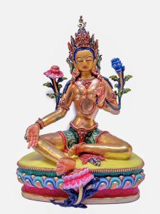 Nepali Statue Of Green Tara, Partly Gold Plated, Painted Face 
