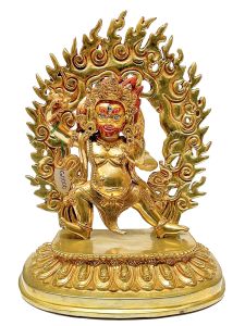 Nepali Statue Of Vajrapani, Full Gold Plated, Painted Face 