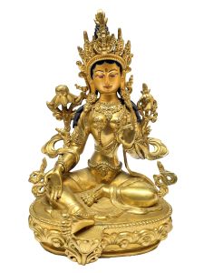 Nepali Statue Of Green Tara, Full Gold Plated, Painted Face 