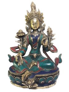 Statue of Green Tara with Real Stone Setting , Better work
