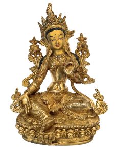 Handmade Nepali Statue Of Green Tara, Full Gold Plated 