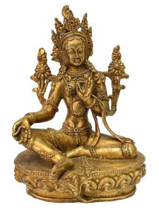 Nepali Handmade Statue Of Green Tara, Fire Gold Plated 