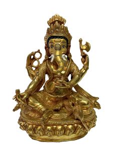 Nepali Handmade Statue Of Ganesh, Full Fire Gold Plated , with painted Face