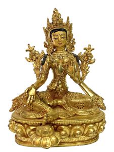 Nepali Handmade Statue Of Green Tara, Full Fire Gold Plated 