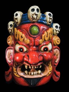 Handmade Wooden Mini Mask Of Mahakala, Painted Red 