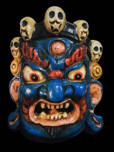 Handmade Wooden Mini Mask Of Mahakala, Painted Blue 