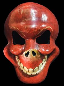 Handmade Wooden Mask Of Skull, Painted Red 