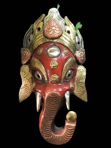 Handmade Wooden Mask Of Ganesh, Painted Red, Metal Inlaid 