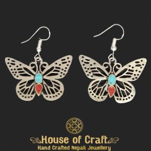 Hand-made Light Weight Stone Setting White Metal Butterfly Earring