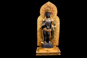 Gold Plated Lapis Crystal Standing Lokeshwor Statue Idol