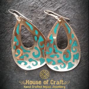 Hand-Made White Metal Stone Filled Water Drop Cut with Tribal Pattern Earring