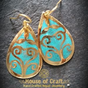 Light Weight Hand-Made Brass & Turquoise Stone Heart in a Waterdrop Earring