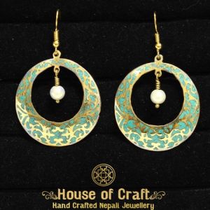 Hand-Made Brass Stone Filled Floral Design Between Round Cut Earring