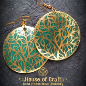 Light Weight Hand-Made Green Stone Filled Brass Tree Branches in Circle Earring