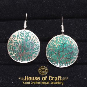 Light Weight Hand-Made White Metal Aqua Color Stone Filled Tree Branches in Circle Earring