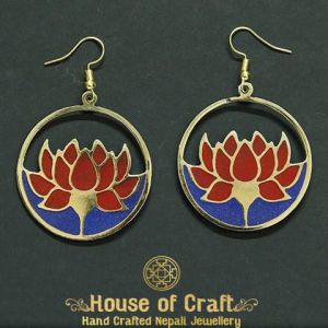 Hand-Made Light Weight Lapis and Red Stone Filled Brass Lotus in a Circle Earring