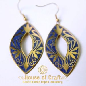 Hand-Made Light Weight Oval Shaped Lapis Stone Filled Floral Design Brass Earring