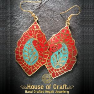 Light Weight Hand-Made Turquoise & Red Stone Filled Brass Earring