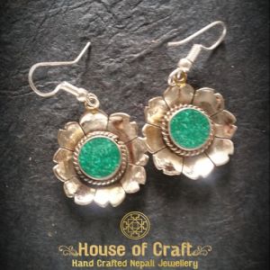 Hand-Made Light Weight White Metal Green Stone Filled Flower Earring