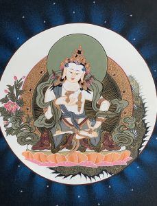 Hand-Painted Vajrasattva Tibetan Thangka Art on Canvas, 13 x 15 Inches