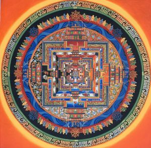 Hand-Painted Kalachakra Mandala Tibetan Thangka Art on Canvas, 22 x 22 Inches