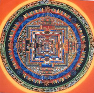 Hand-Painted Kalachakra Mandala Tibetan Thangka Art on Canvas 17 x 17 Inches