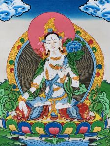 Hand-Painted White Tara Tibetan Thangka Art on Canvas, 12 x 15 Inches