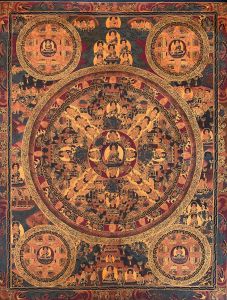 Hand-Painted Buddha Mandala Tibetan Thangka Art on Canvas, 21 x 27 Inches