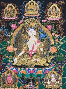 Hand-Painted White Tara Tibetan Thangka Art on Canvas, 22 x 28 Inches