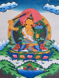Hand-Painted Manjushree God of Wisdom Tibetan Thangka Art on Canvas 12 x 15 Inches