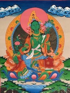 Hand-Painted Green Tara Tibetan Thangka Art on Canvas, 12 x 15 Inches