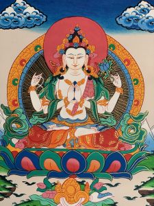 Hand-Painted Avalokitesvara Tibetan Thangka Art Painting on Canvas, 12 x 15 Inches
