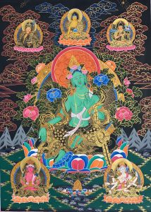 Hand-Painted Green Tara Tibetan Thangka Art on Canvas, 21 x 28 Inches