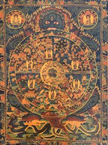 Hand-Painted Bhavachakra Wheel of Life Tibetan Thangka Art on Canvas, 20 x 26 Inches