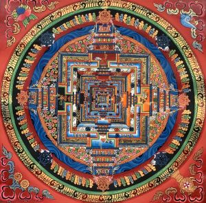 Hand-Painted Kalachakra Mandala Tibetan Thangka Art on Canvas, 12 x 12 Inches