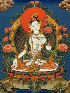 Hand-Painted White Tara Tibetan Thangka Painting Art on Canvas 12 x 16 Inches