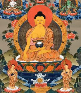 Hand-Painted Shakyamuni Buddha Tibetan Thangka Art on Canvas, 16 x 21 Inches