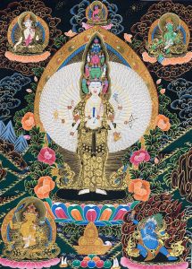Hand-Painted Lokeshwor Bodhisattva Tibetan Thangka Art on Canvas, 22 x 30 Inches