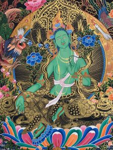 Hand-Painted Green Tara Tibetan Thangka Art on Canvas, 22 x 30 Inches