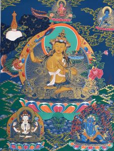 Hand-Painted Manjushree God of Wisdom Tibetan Thangka Art on Canvas, 22x28 Inches