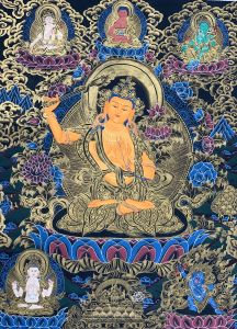 Hand-painted Manjusri, Manjushree, God of Wisdom Thangka, Art on Canvas, 17 x 24-Inch